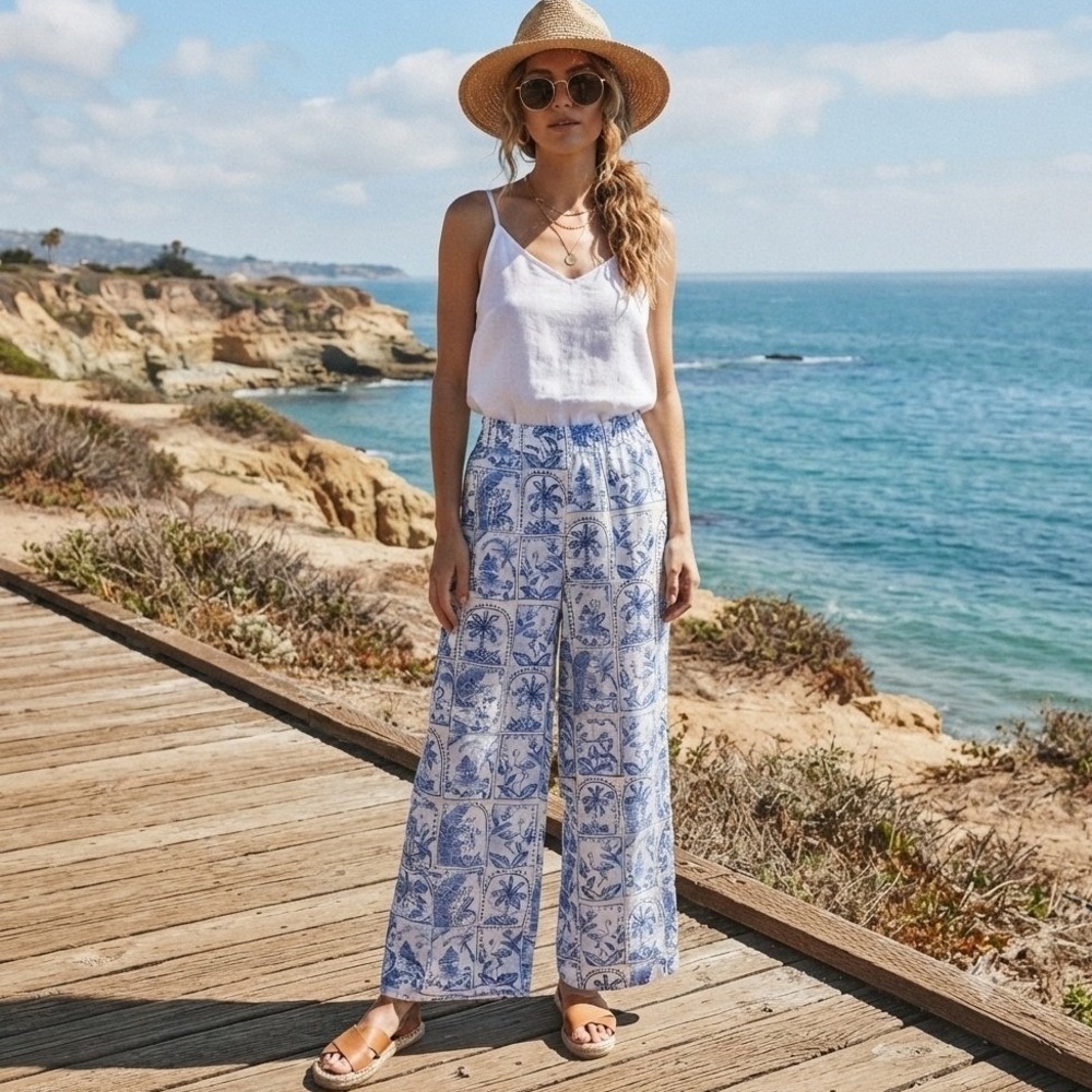 C & C California Blue White Linen Toile Tropical Coastal Wide Leg Summer Pants S